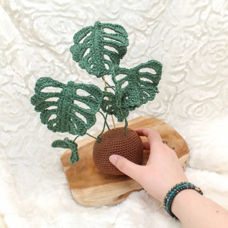 Gehaakt Haakpatroon monstera plantje ontworpen door Cora's Knit Knacks, gehaakt monstera plantje zonder potje