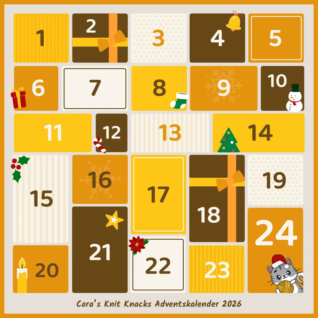 Overzichtsafbeelding van de adventskalender van 2026 met haakpatronen van Bolletje van Katoen, Crafting Dutchie, Craftsfrom.me, Marjahaakt en Cora's Knit Knacks