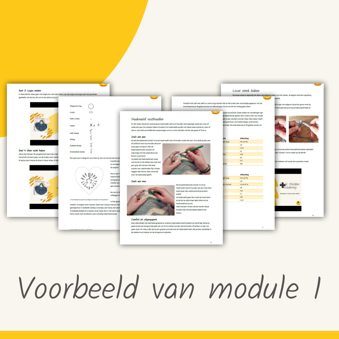 Haakcursus met instructieboekjes, uitlegpagina's en foto's