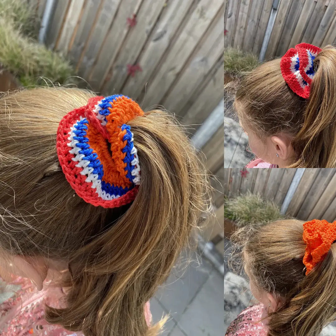 Gehaakt Koningsdag scrunchies bundel ontworpen door Crafting Dutchie