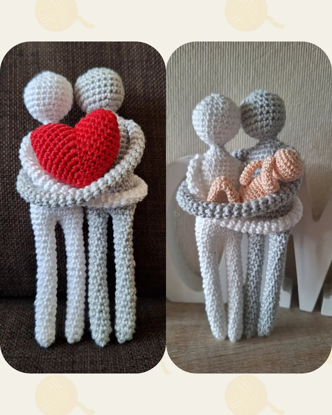 Twee gehaakte paartjes: Shared Heart en Shared Love, gehaakt naar de Loving Embrace haakpatronen bundel ontworpen door Haaksels en breisels
