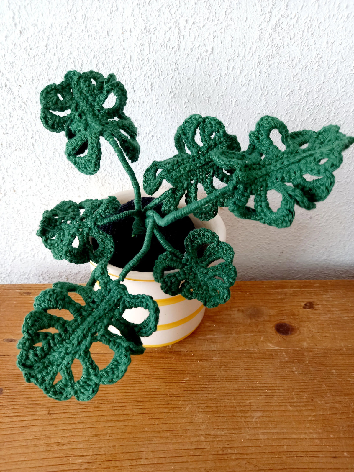 Gehaakt Haakpatroon monstera plantje ontworpen door Cora's Knit Knacks, monstera plantje gehaakt door tester Astrid