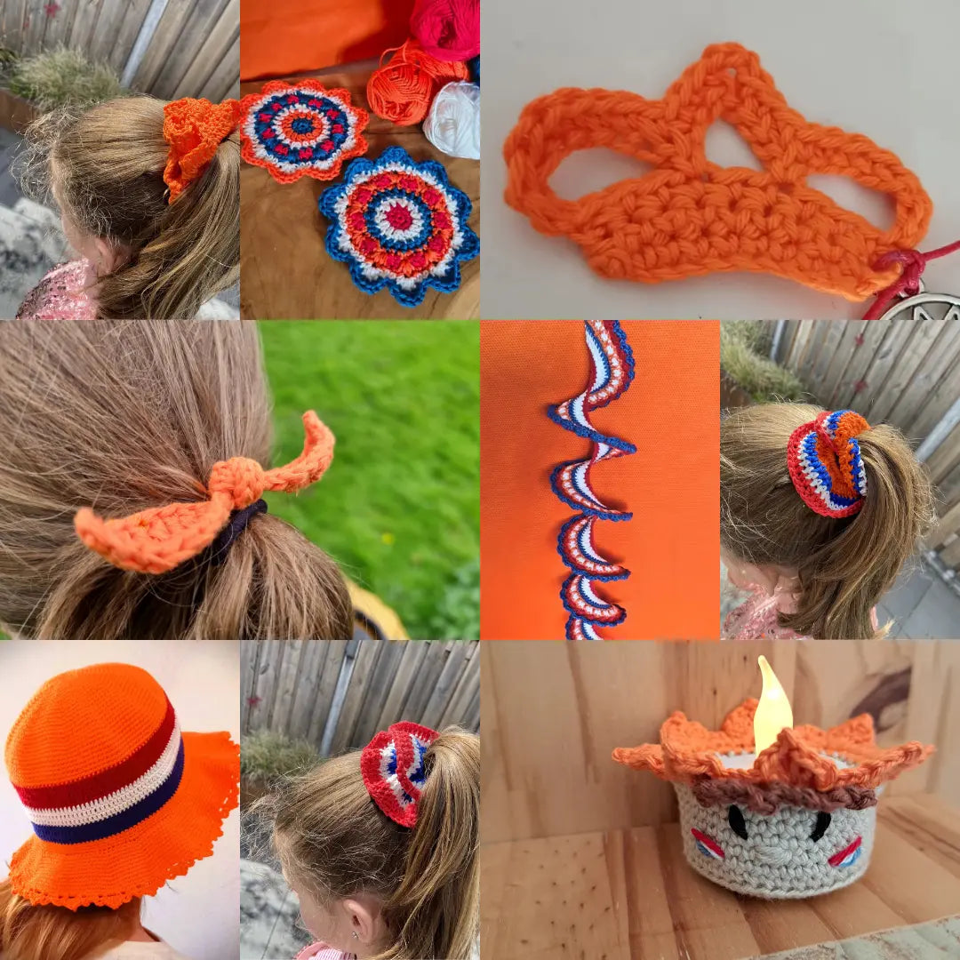 Gehaakte voorbeelden van de patronen uit het Oranje Boven pakket ontworpen door Meerdere ontwerpers