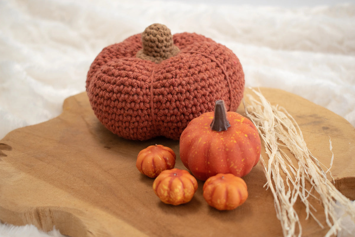 Donkergroene gehaakte pompoen gemaakt met Haakpatroon pompoen Zucca ontworpen door Cora's Knit Knacks