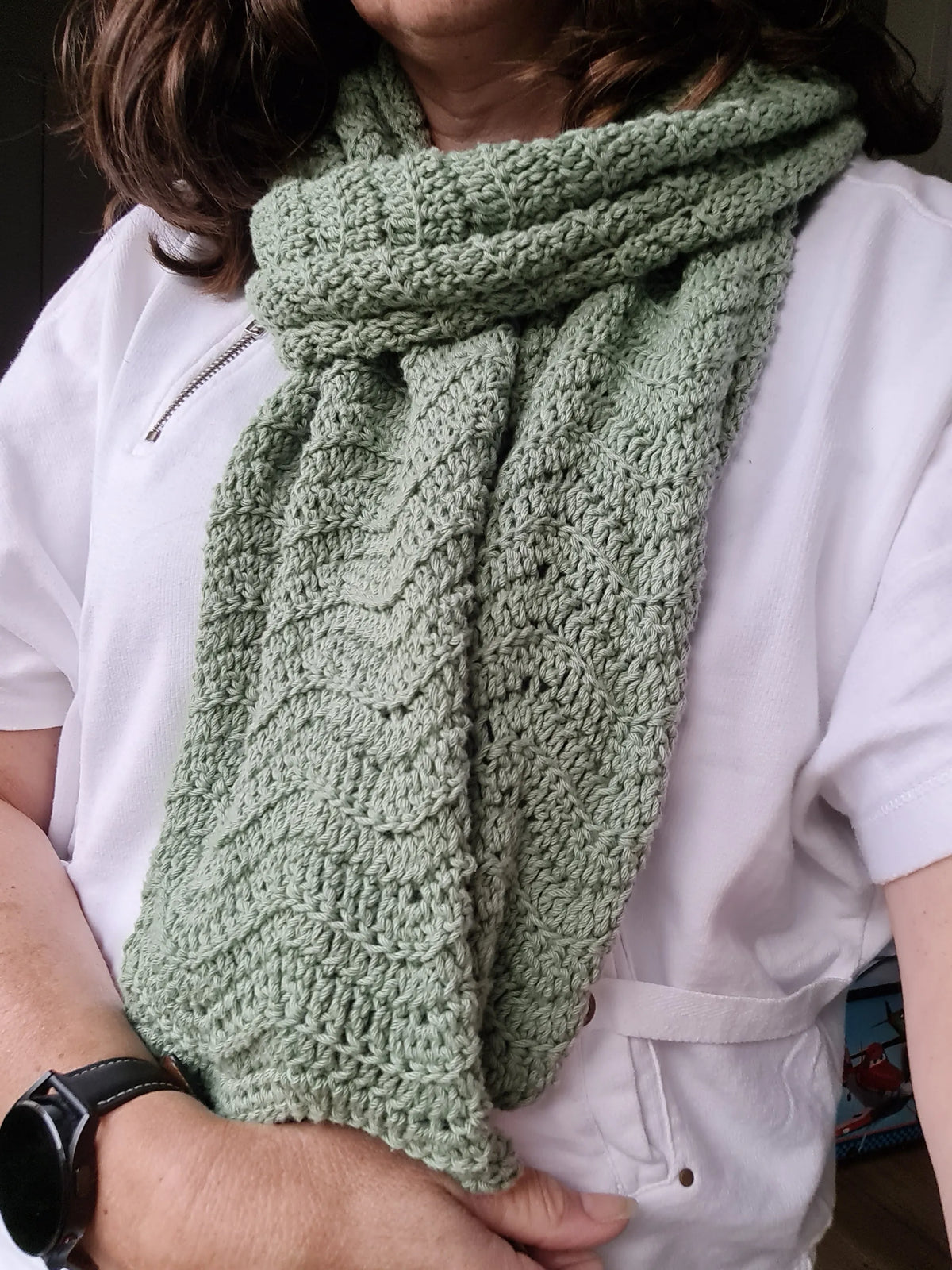 Gehaakt Haakpatroon sjaal Shana ontworpen door Cora's Knit Knacks, gehaakt door klant Sandra