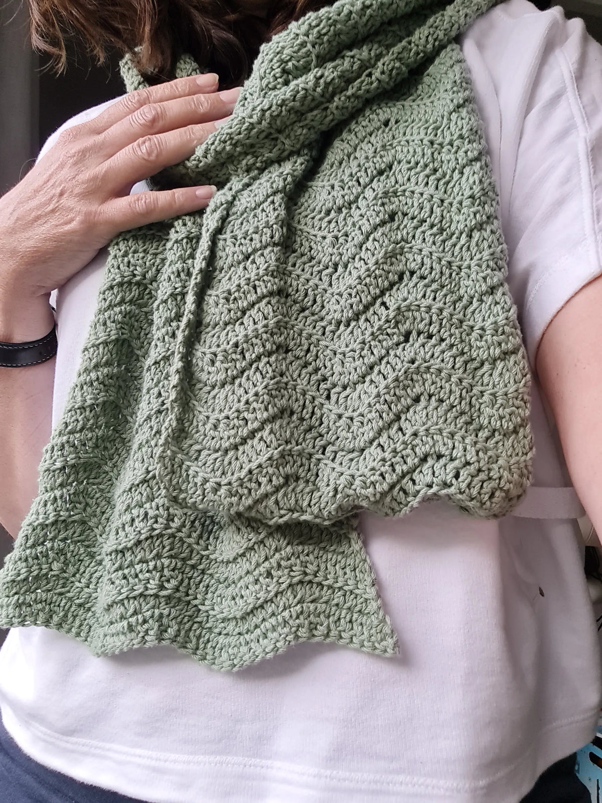 Gehaakt Haakpatroon sjaal Shana ontworpen door Cora's Knit Knacks, gehaakt door klant Sandra