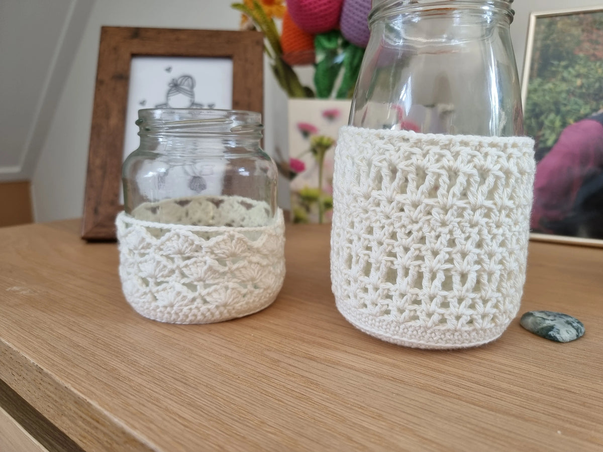 Gehaakt Haakpatroon windlichten Wanda en Willie ontworpen door Cora's Knit Knacks